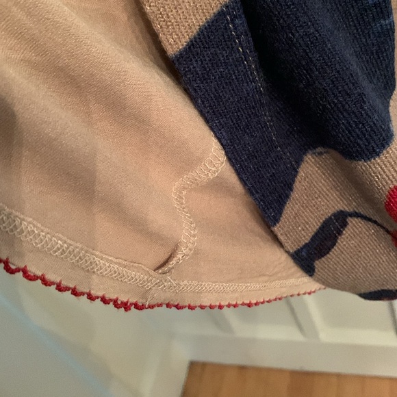 Modern Floral long sleeve Mock neck knit bell sleeve dress tan red  blue M - Picture 8 of 8